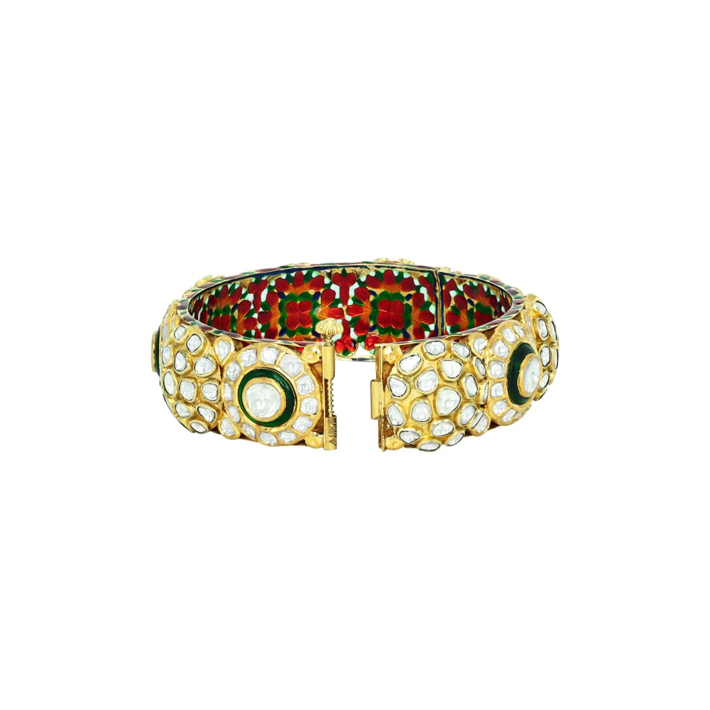 Makadi Polki Bangle with Red-Green Floral Enamel Detail